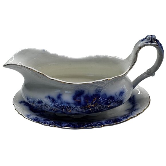 Antique Alfred Meakin Harvest Flow Blue Gravy Boat Porcelain w Underplate Relish - Picture 2 of 14